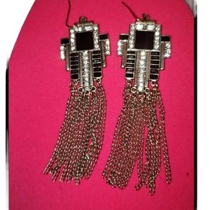 New 4" Golden Earrings Onyx Black Stones Glistening Rhinestones Dangles